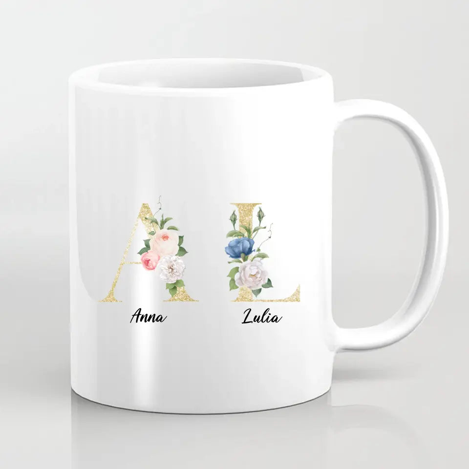 2 Freundinnen mit geblümten Buchstaben - individuelles Geschenk - Tassen