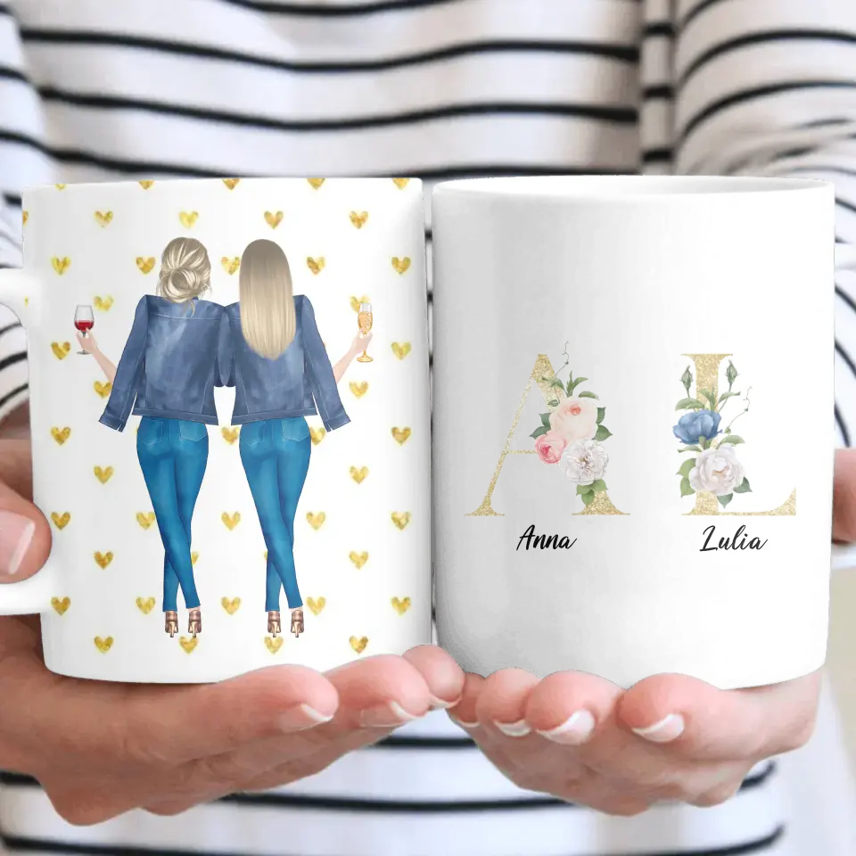 2 Freundinnen mit geblümten Buchstaben - individuelles Geschenk - Tassen