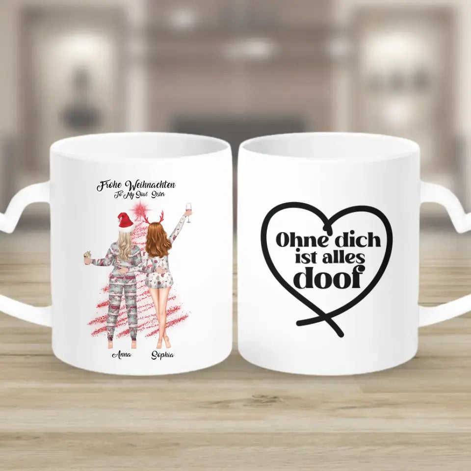 Zwei Freunde im Pyjama Personalisiertes Weihnachtsgeschenk - Herz Tassen
