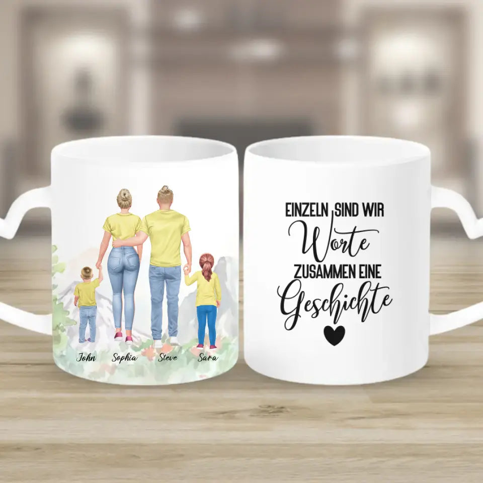 Vater und Mutter mit zwei Kindern - personalisiertes Geschenk - Tassen