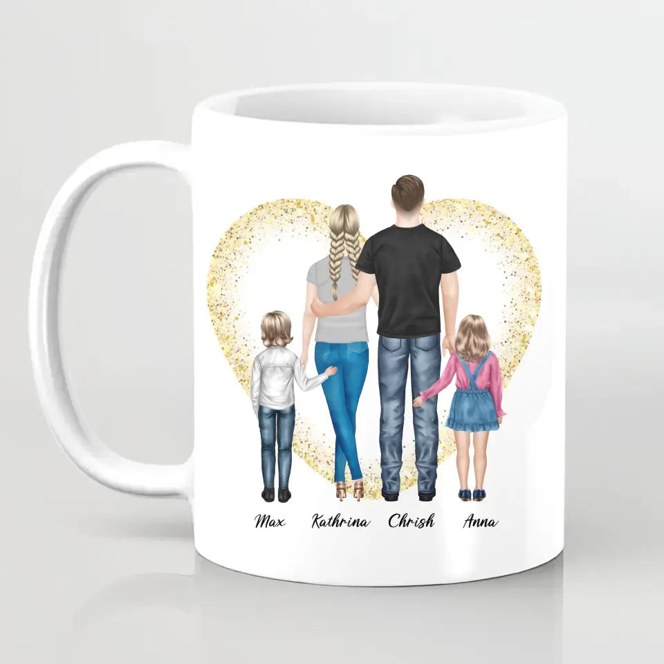 Ehepaar mit Tochter und Sohn - persönliches Wandbild - Herz Tassen
