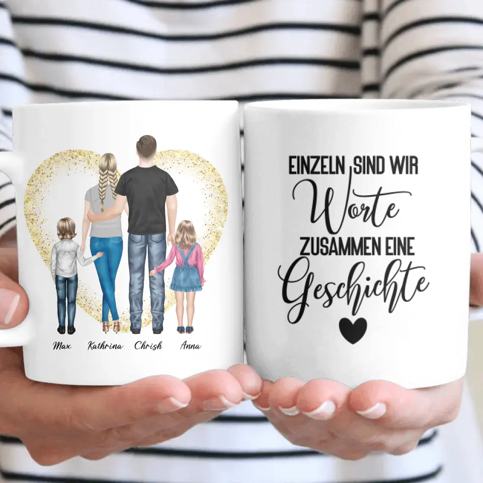 Ehepaar mit Tochter und Sohn - persönliches Wandbild - Herz Tassen
