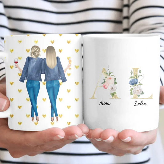 2 Freundinnen mit geblümten Buchstaben - individuelles Geschenk - Tassen
