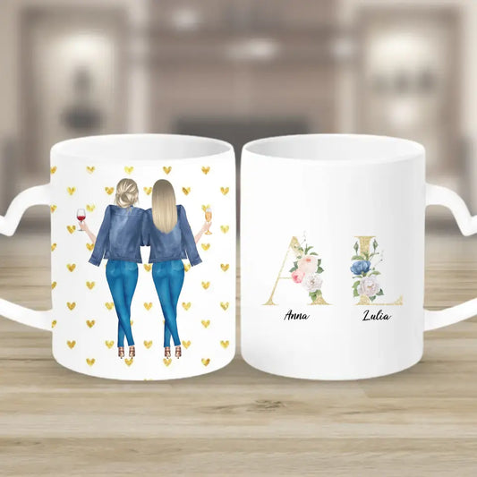 2 Freundinnen mit geblümten Buchstaben - individuelles Geschenk - Herz Tassen