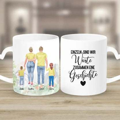 Vater und Mutter mit zwei Kindern - personalisiertes Geschenk - Tassen